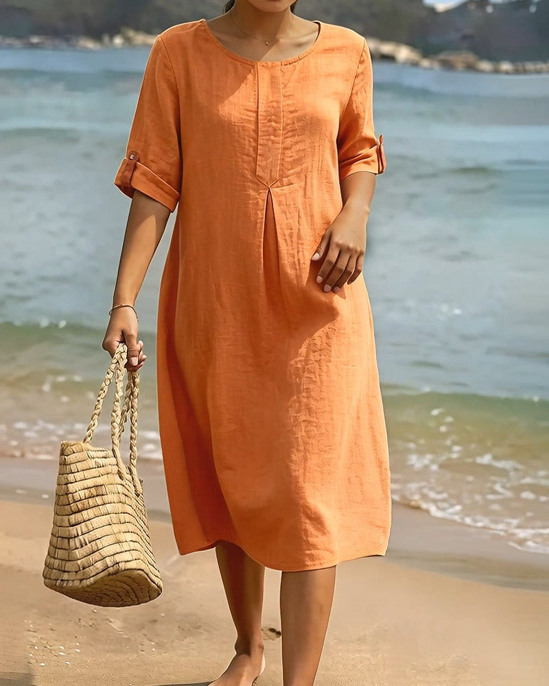 Relaxed Solid Round Neck Mid-Length Dress