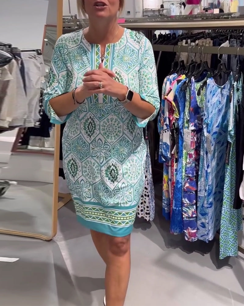 Circle Print Round Neck Straight Dress