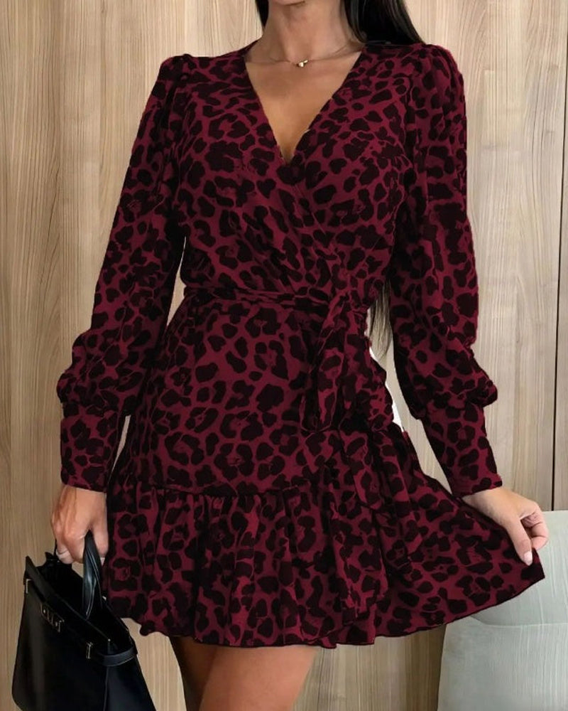💖Black-Friday-Mega-Deal💖Leopard Print Wrap Dress With V-Neck And Waist Belt