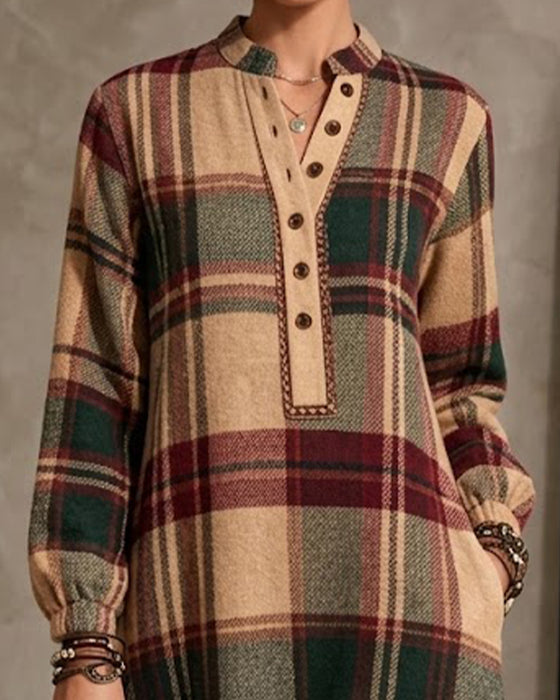 V-Neck Buttoned Plaid Slit Dress