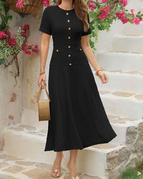 Crew Neck Slim Fit Button Patchwork Dress