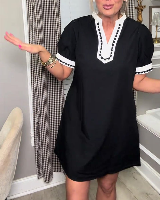 Bubble Sleeve Color Block V-Neck Dress