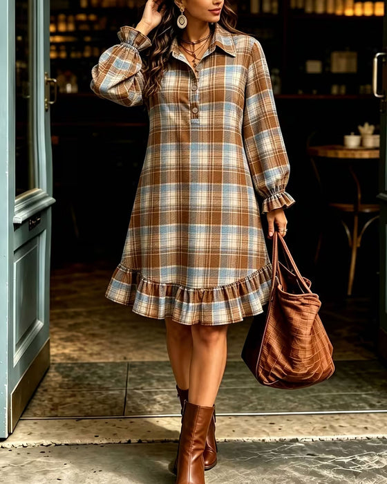 Lapel Button Plaid Dress