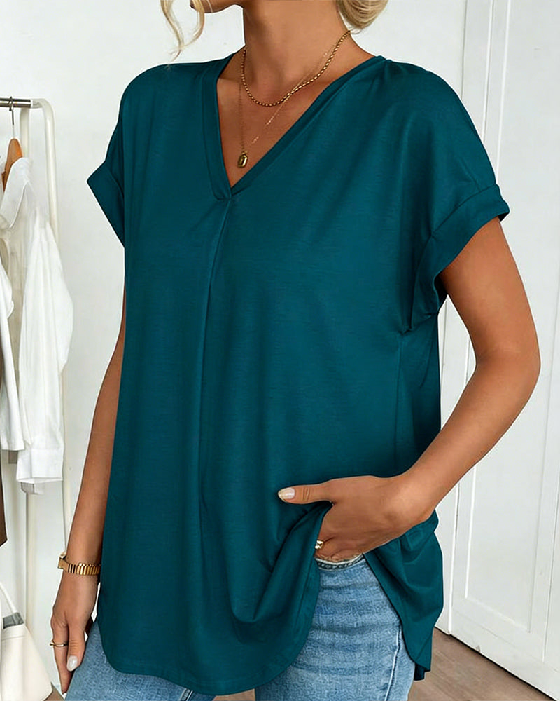 Short-Sleeved Solid Color Patchwork T-Shirt