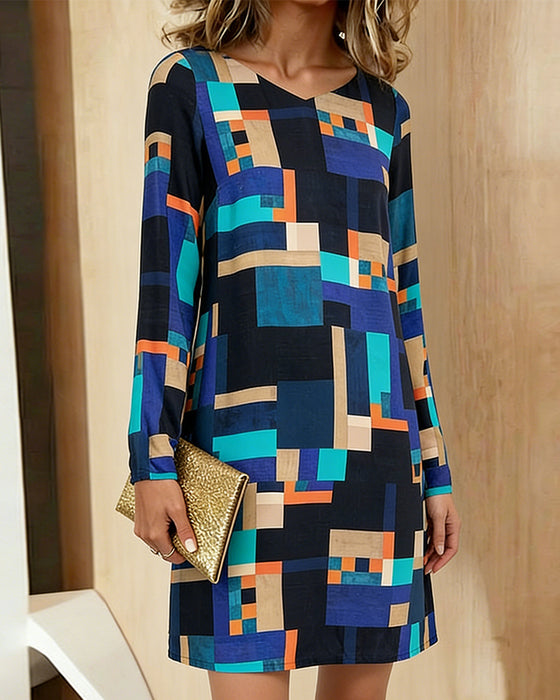 V-Neck Plaid Contrast Dress