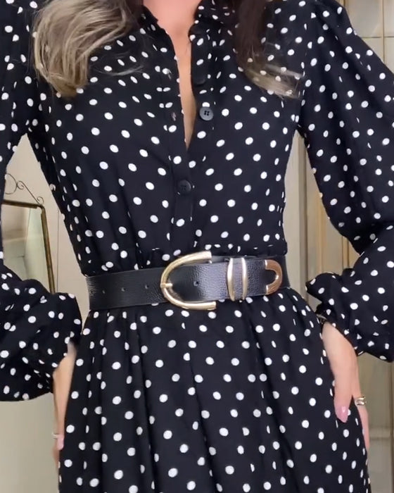 Fashionable polka dot button slit ruffle dress