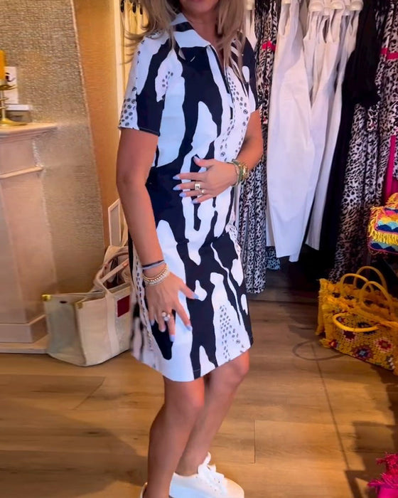 Printed lapel short sleeve dress