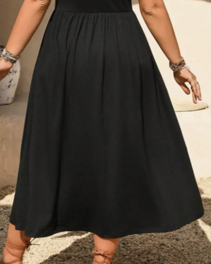 V-Neck Shirred Short Sleeve Flared Dress