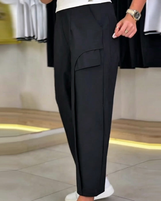 Solid Color Pocket Cropped Casual Pants