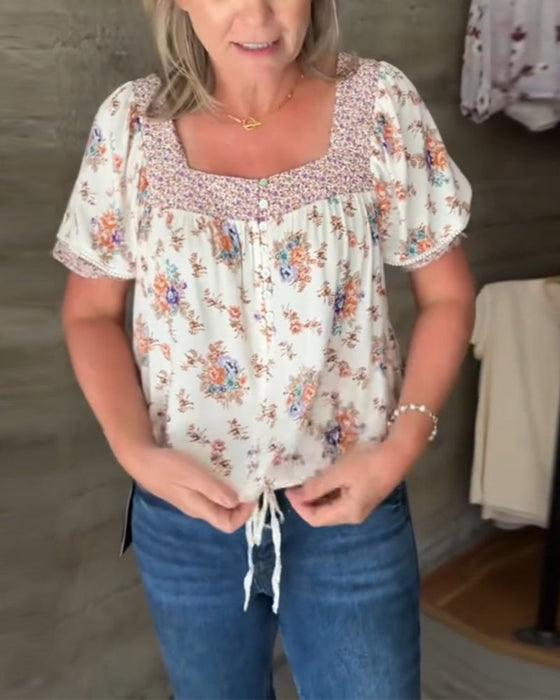 Print square neck short sleeve top