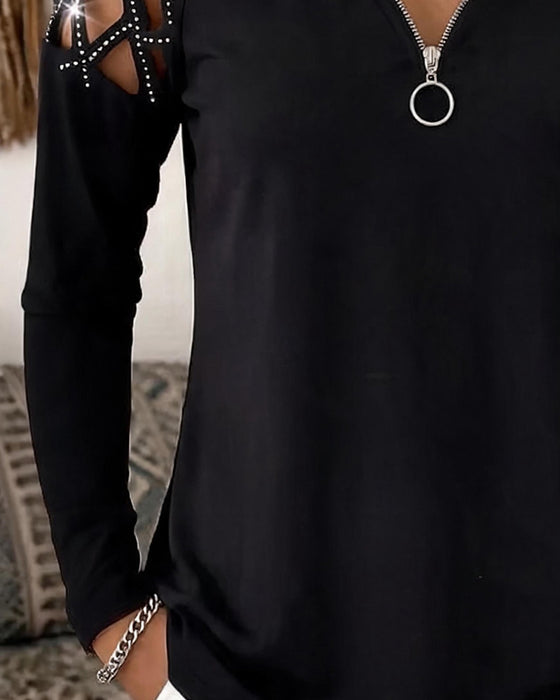V-Neck Zip Cutout Long-Sleeve Top
