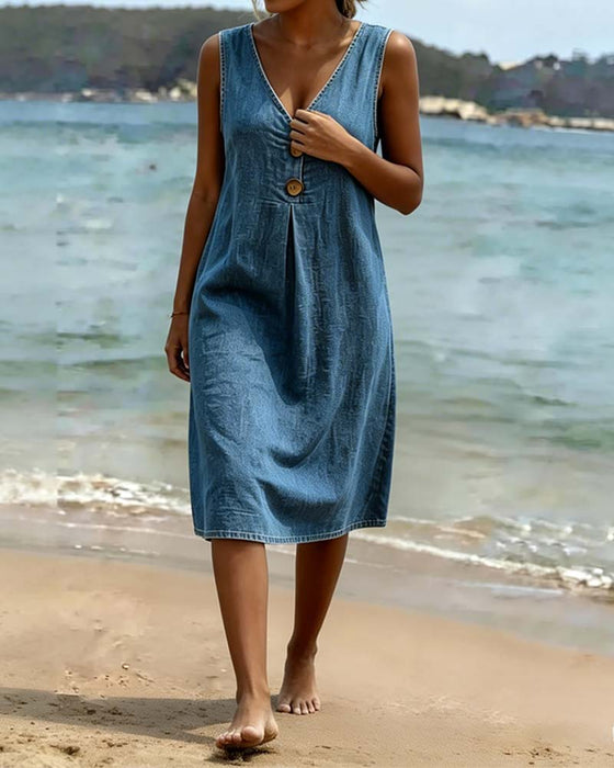 Denim V-Neck Sleeveless Dress