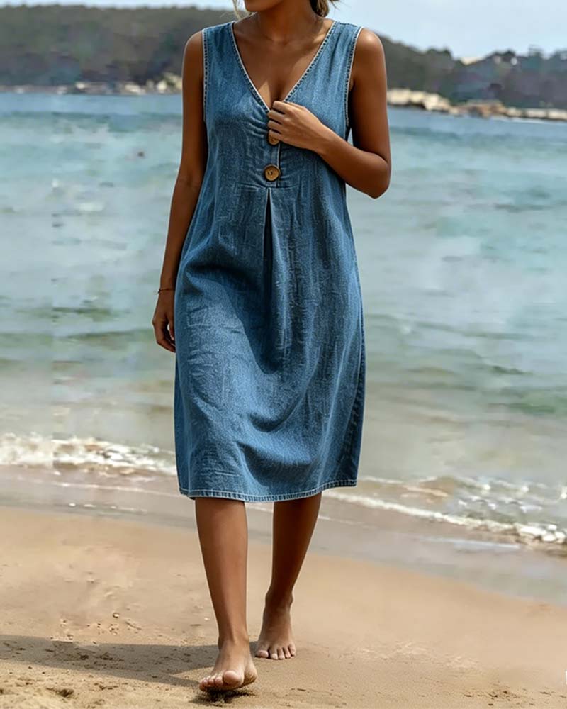 Denim V-Neck Sleeveless Dress