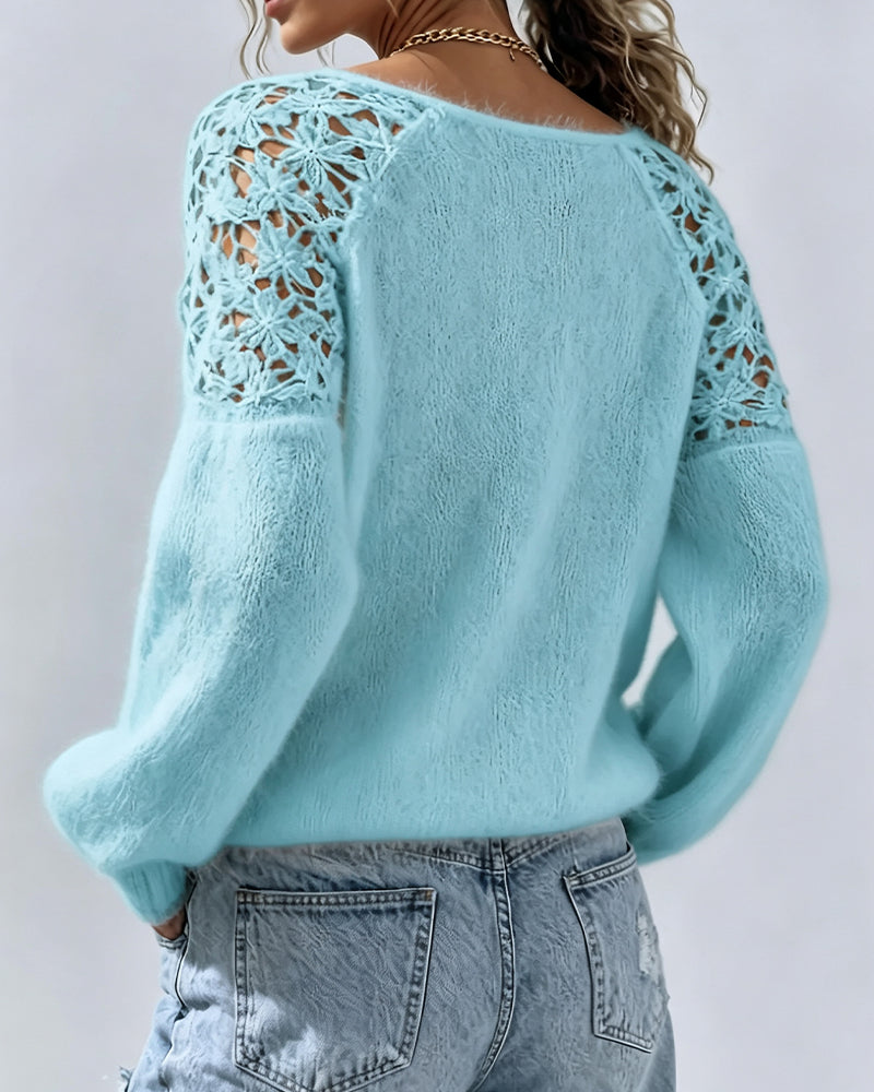 Cutout Lace Detail Patchwork Pullover