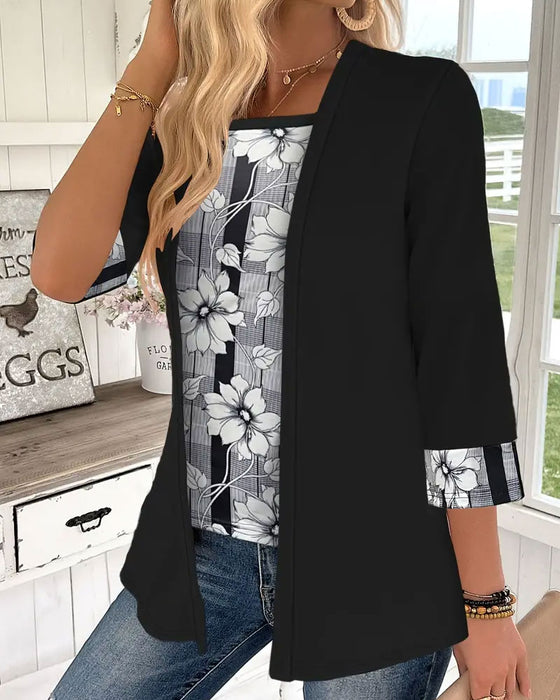 Printed Fake Two-Piece Long-Sleeved Top