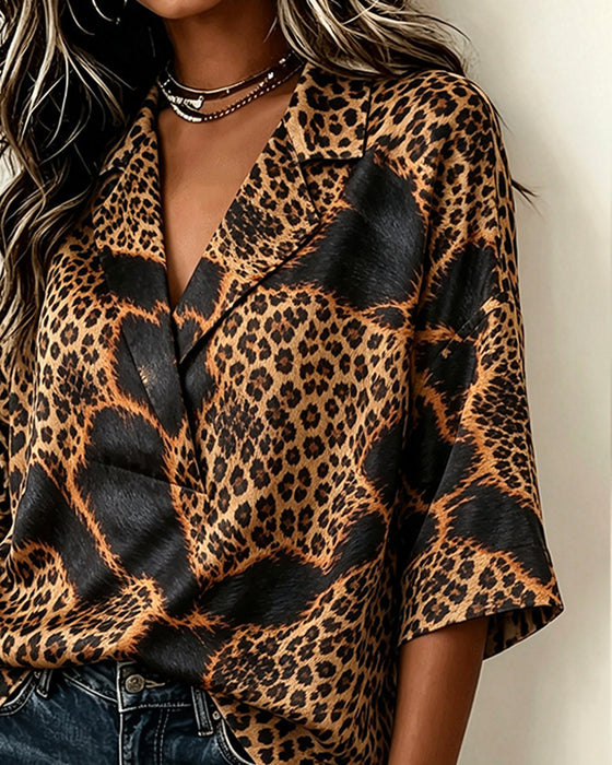 Lapel Cross Leopard Blouse