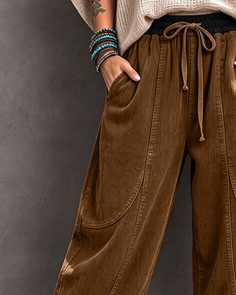 Elastic Waist Color-Block Cropped Wide-Leg Pants