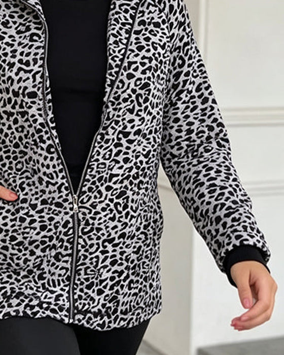 Leopard Stand Collar Zipper Coat