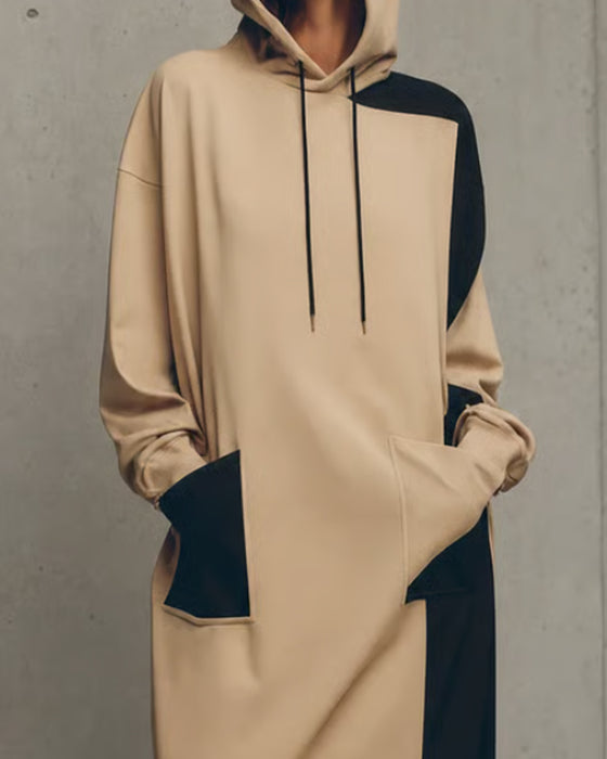 Contrast Hooded Pocket Drawstring Dress