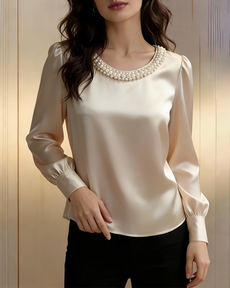 Solid Color Long-Sleeved Rhinestone Collar Shirt