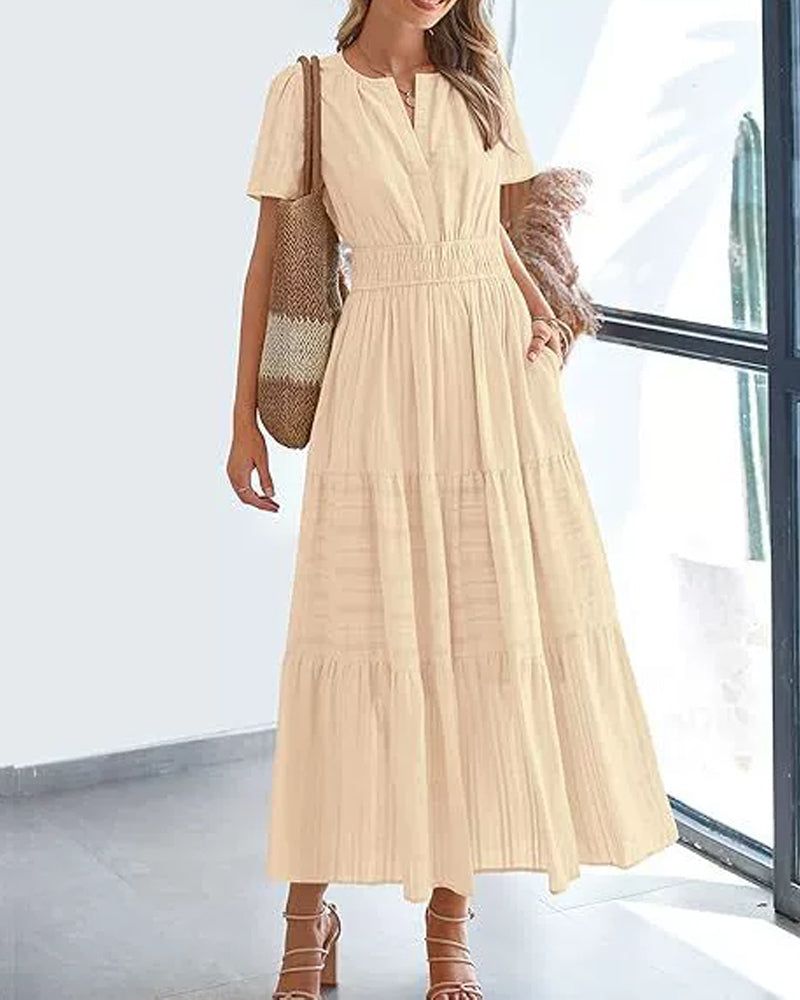 V-Neck Shirred Puff Sleeve Short Sleeve Dress