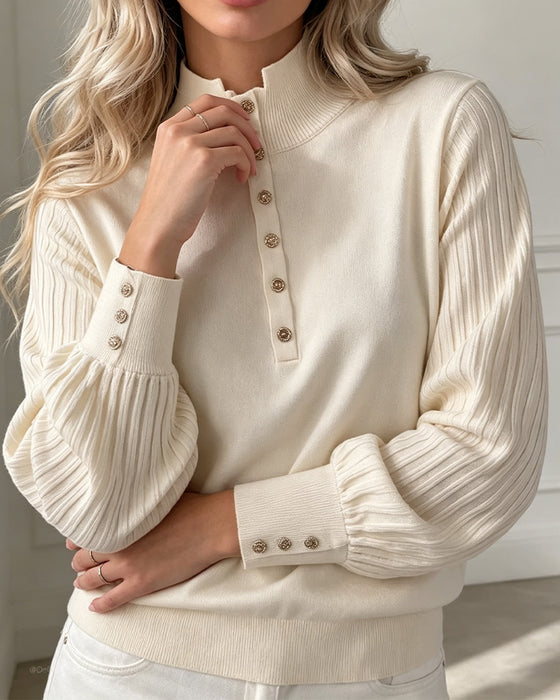 Turtleneck Button Ribbed Puff Sleeve Sweater Pullover