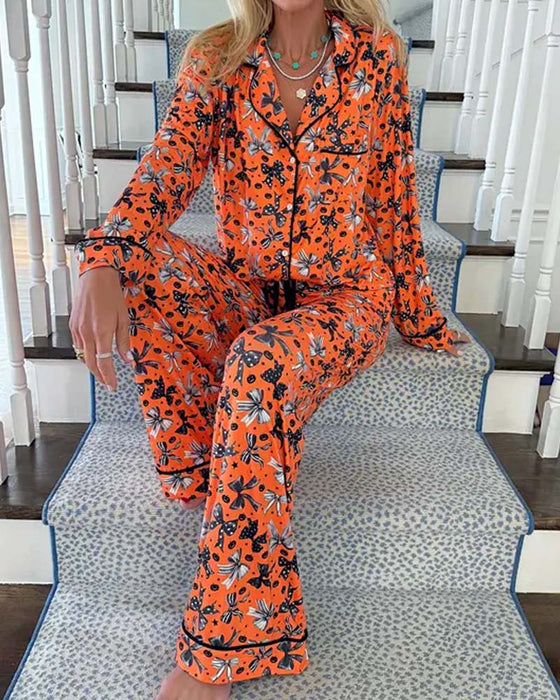 Shirt Collar Printed Button Pajama Set