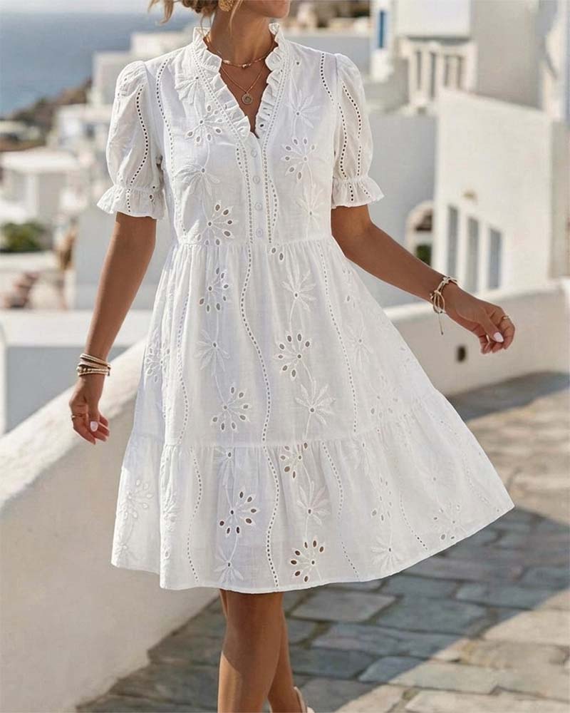 V-Neck Ruffled Puff Short-Sleeved Dress