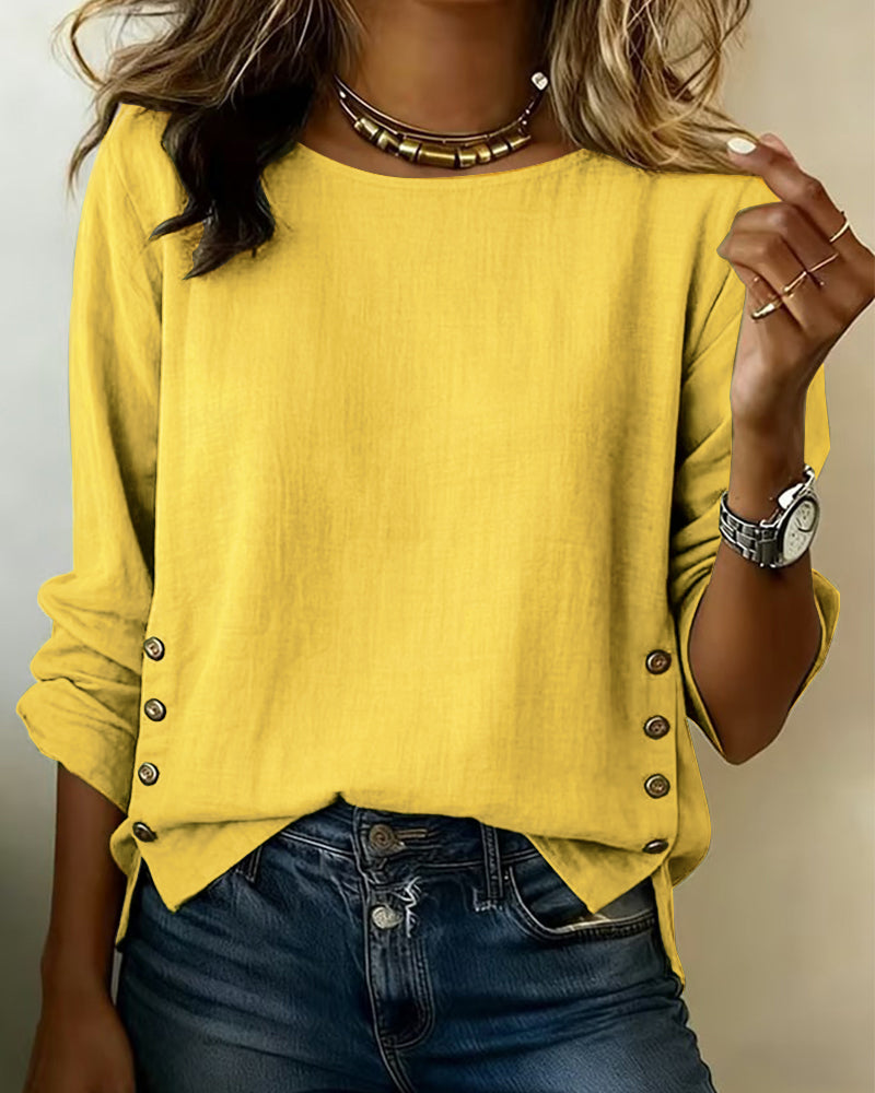 Casual Round Neck Button Design Top