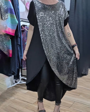 Round Neck Slit Sequined Long T-Shirt