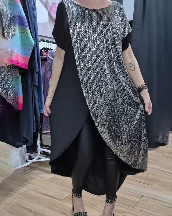 Round Neck Slit Sequined Long T-Shirt