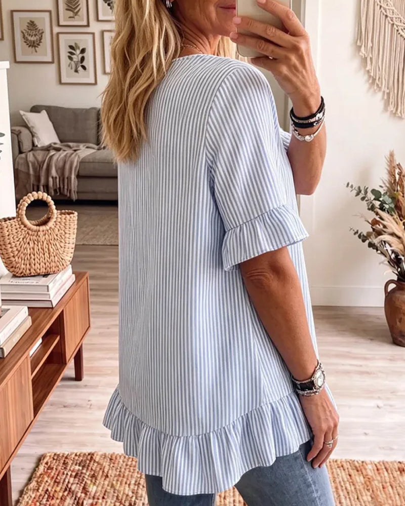 Stripe Crewneck Ruffle T-Shirts