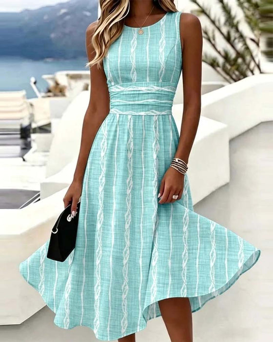 Crew Neck Sleeveless Striped Fitted Waist Dress