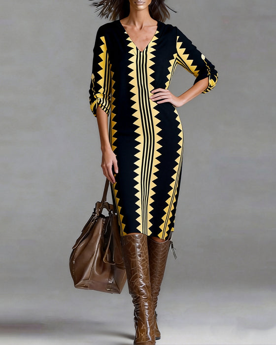 V-Neck Geometric Print Fashion Dress