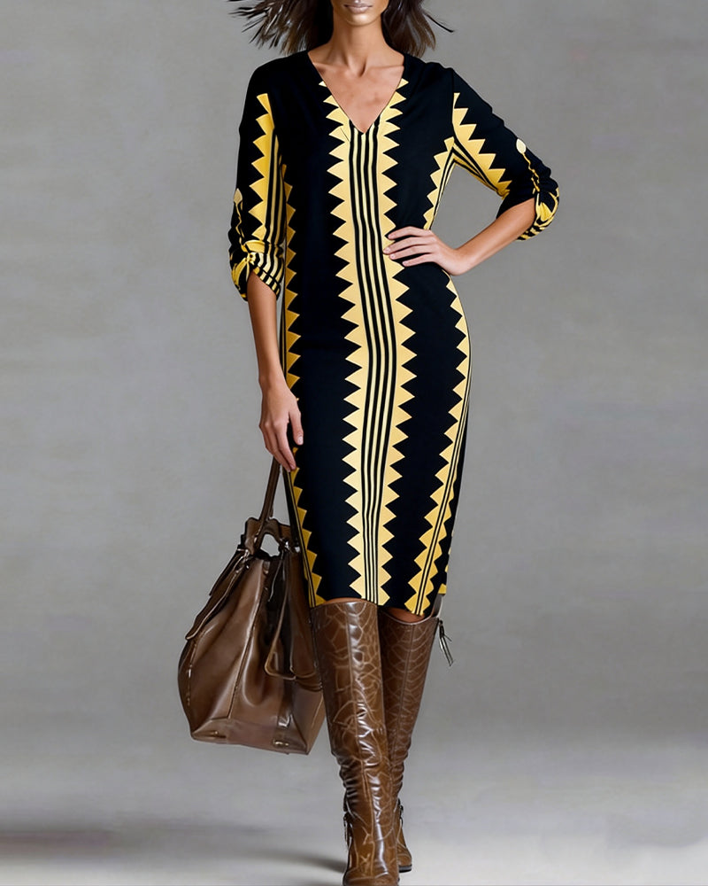 V-Neck Geometric Print Fashion Dress