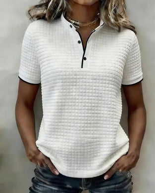 Waffle-Knit Button-Down Short-Sleeved Top