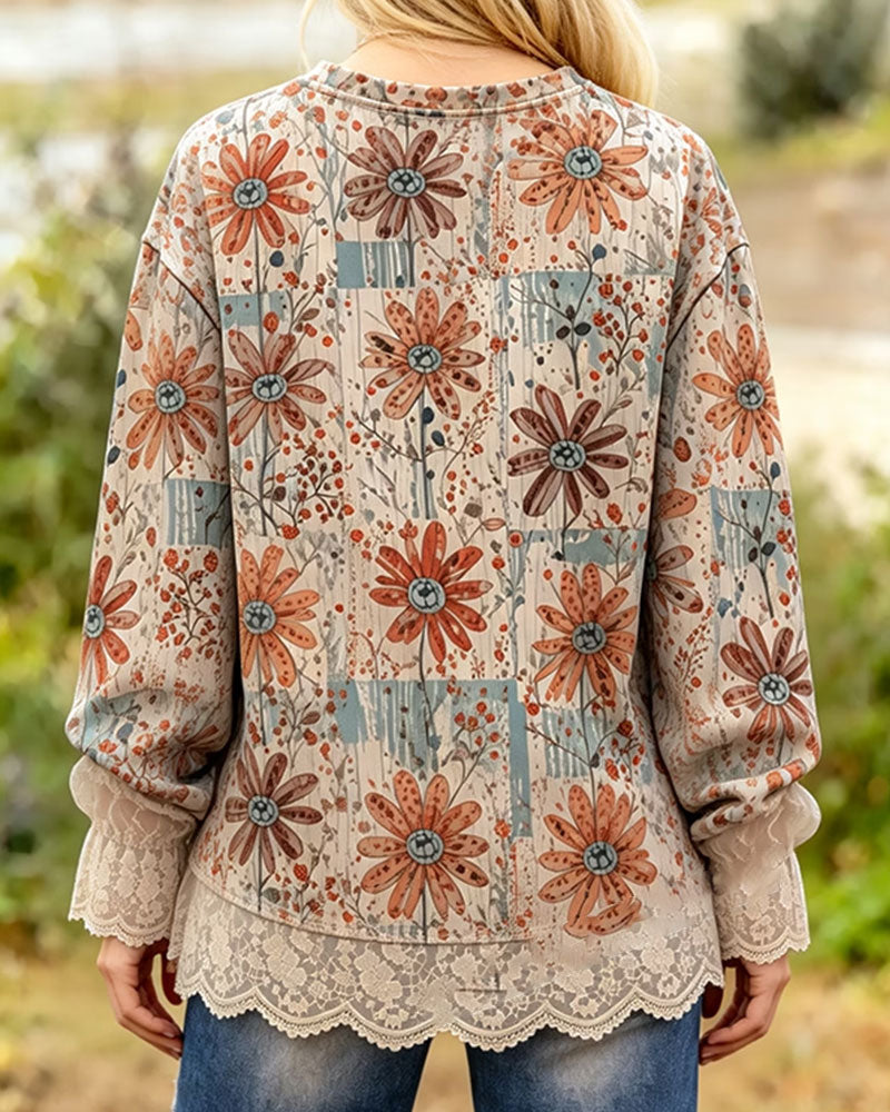 Round Neck Floral Lace Panel Long-Sleeve Top