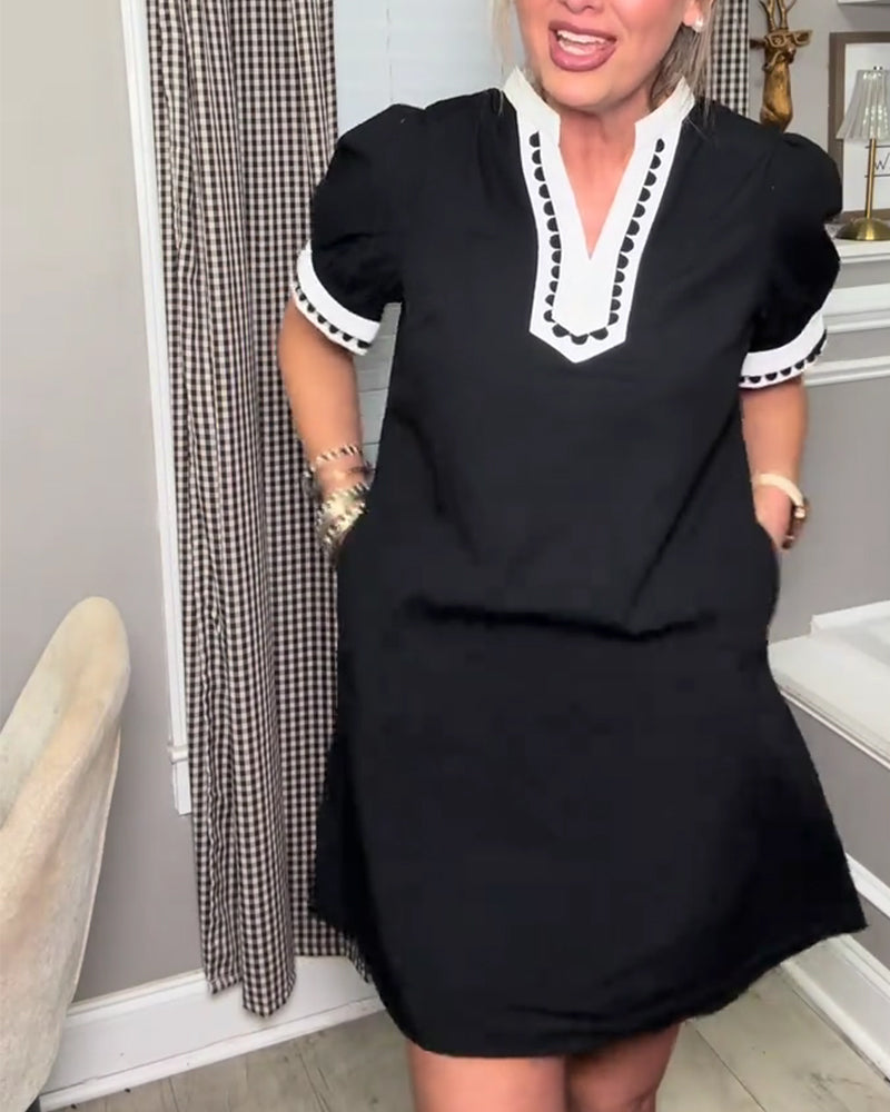 Bubble Sleeve Color Block V-Neck Dress