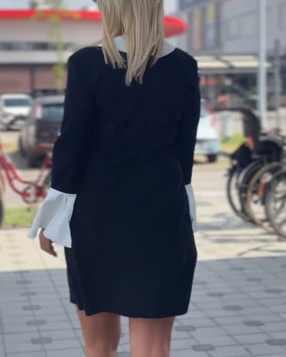 Elegant contrasting lapel bell sleeve dress