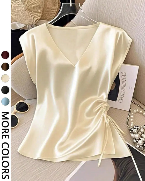 V-Neck Drawstring Sleeveless Blouse