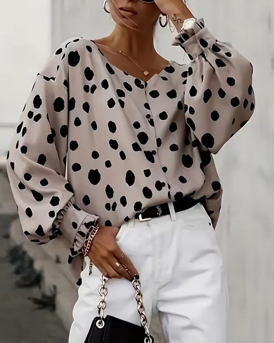 V-Neck Polka-Dot Puff Sleeve Blouse