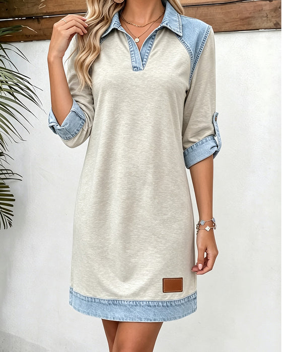 Denim Patchwork Polo Collar Long Sleeve Dress