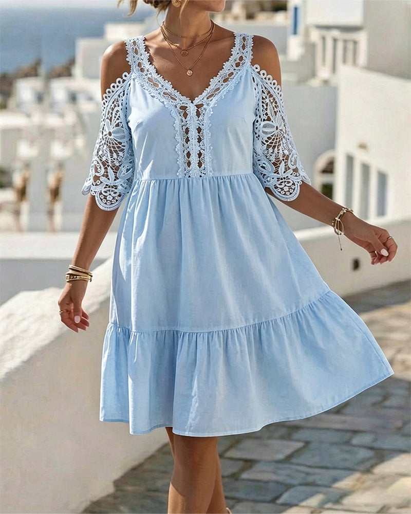 Lace Off-Shoulder Tiered Short Dresses