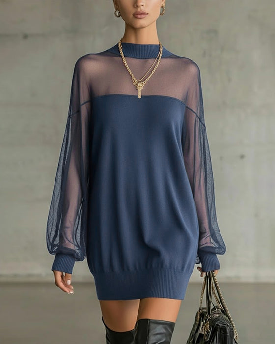 Lantern Sleeve Solid Color Patchwork Dress