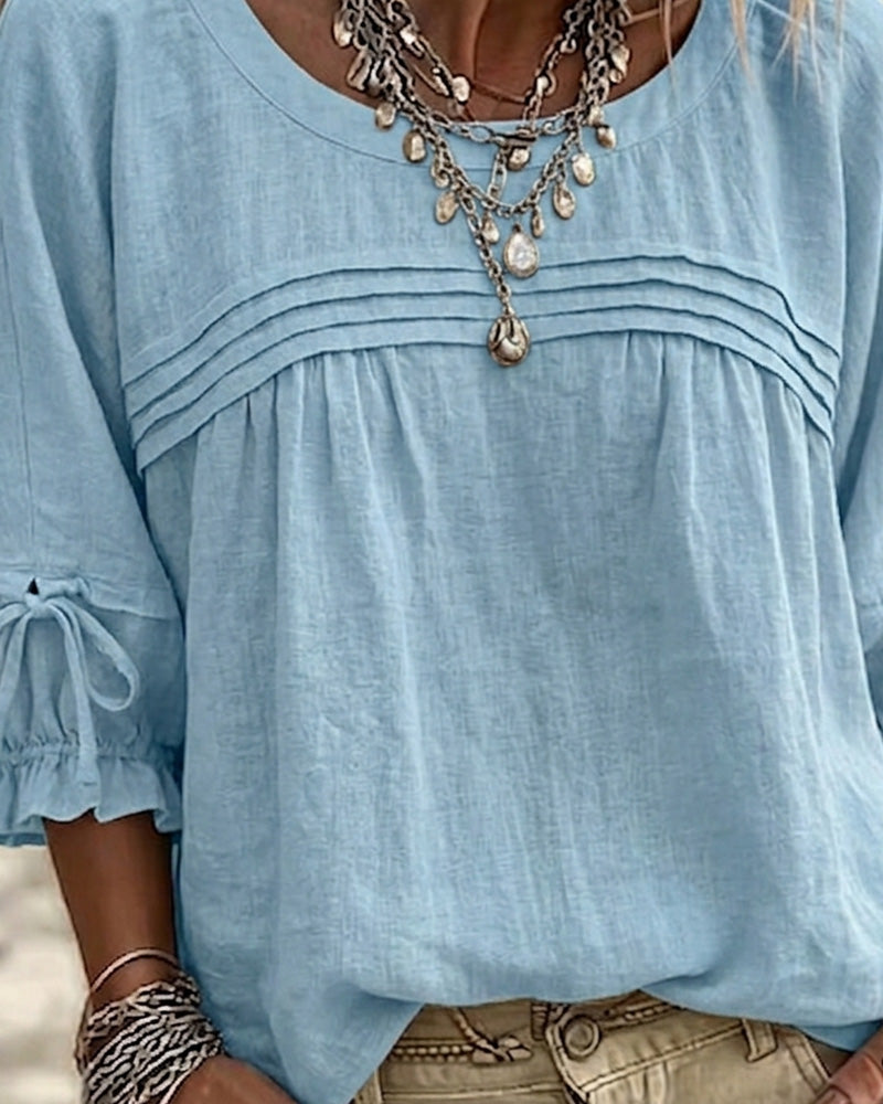 Puff Sleeve Bow Three-Quarter Sleeve Blouse