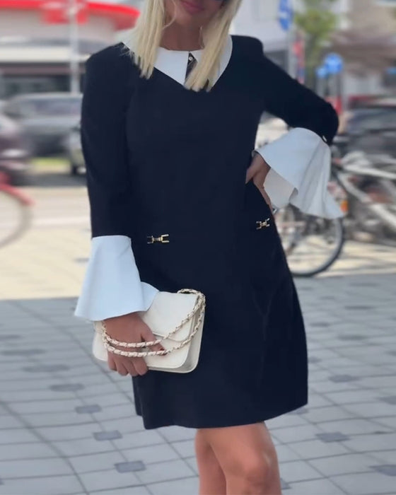 Elegant contrasting lapel bell sleeve dress