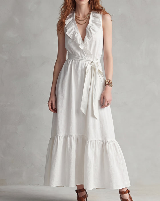 V-Neck Sleeveless Ruffled Tie-Front Dress
