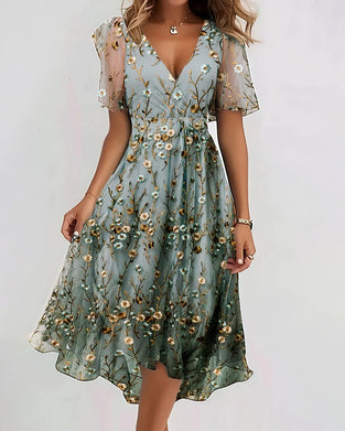 V-Neck Floral Cross High Waist Sheer Dress