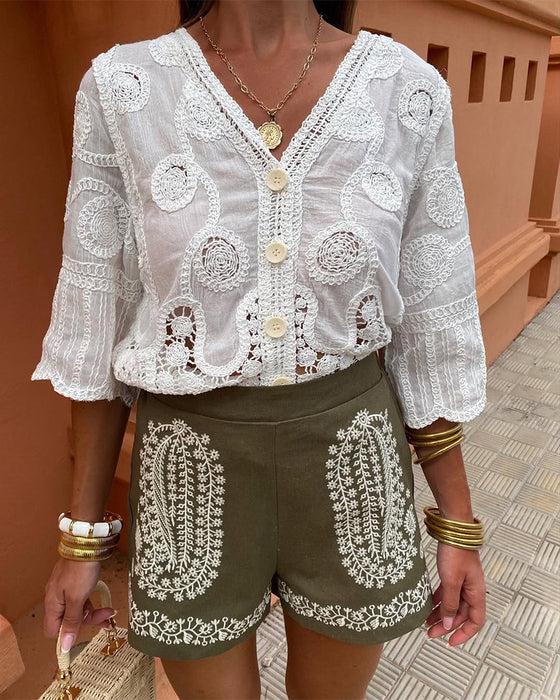 French V-Neck Embroidered Shirt