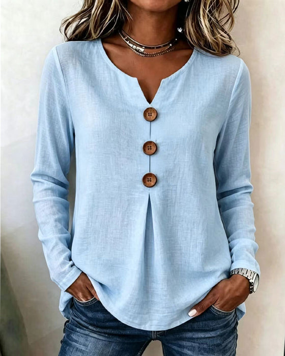 Solid Color V-Neck Buttoned Smocked Top